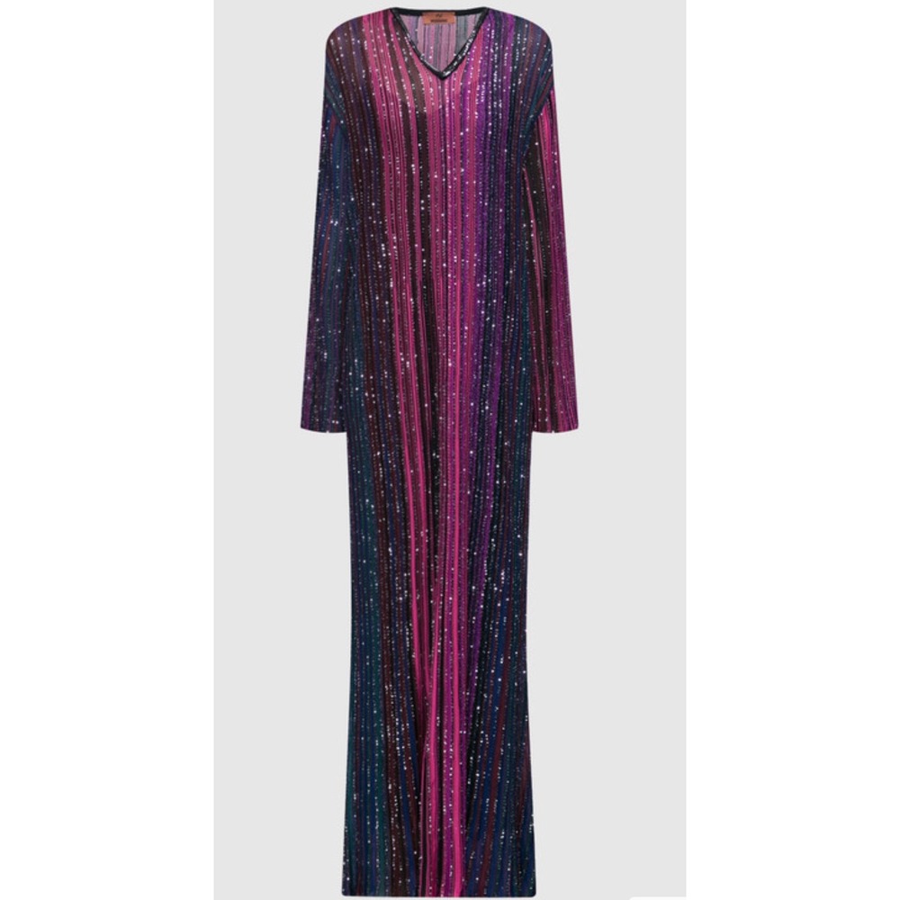 Missoni Knitted Lame Maxi Dress Pink Purple Blue Striped Sequin V-Neck IT 36